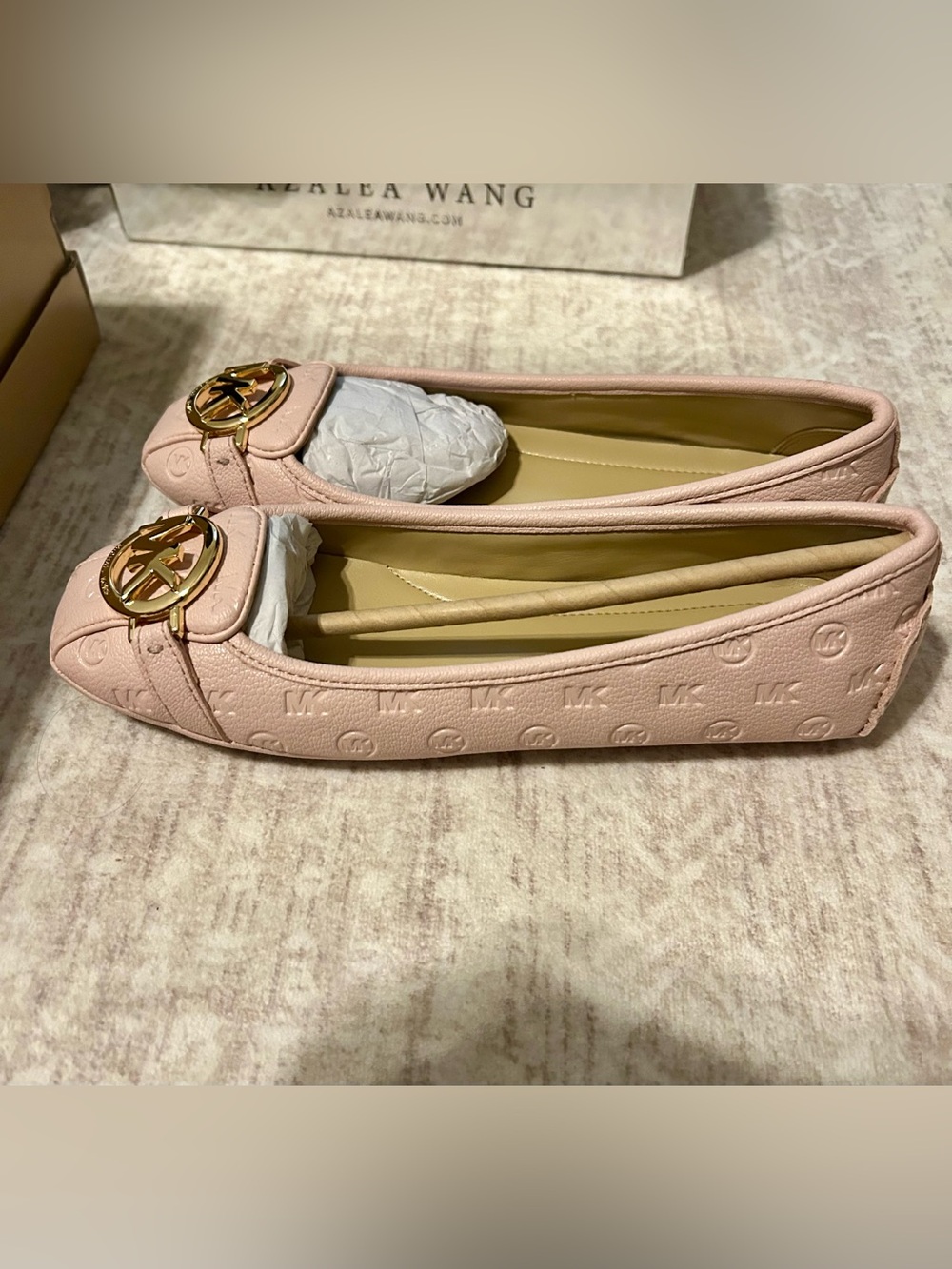 Michael Michael Kors Blush Embossed MK Logo moccasin Ballet Flats with Gold Acc